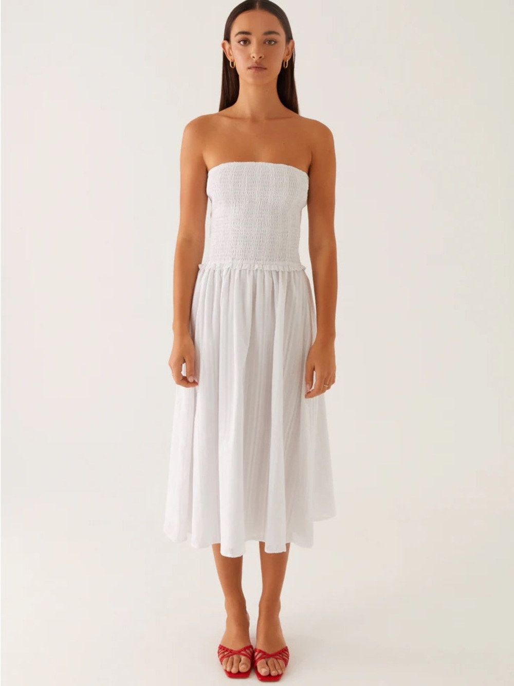 Peppermayo White Strapless Smocked Midi Dress